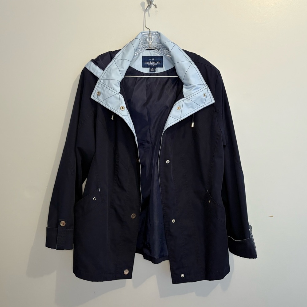 Mackintosh Women’s Large Navy Blue Hooded Jacket Snap Front Removable Hood EUC